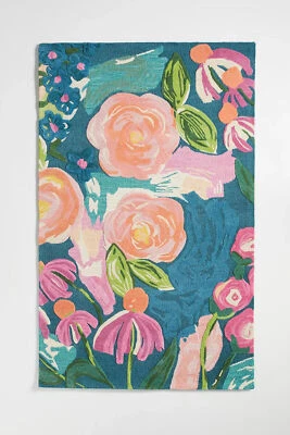Handmade Floral Navy Rug 100% Woolen Hand Tufted Loop Pile Rug For Hall Kitchen - Image 1 of 4