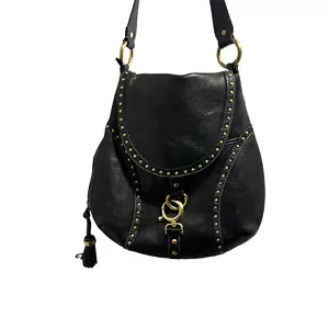 B Makowsky Black Leather Studded Shoulder Bag Purse Gold Accents Saddlebag - Picture 1 of 16