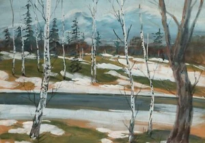 Antique European gouache painting winter forest landscape - Picture 1 of 12