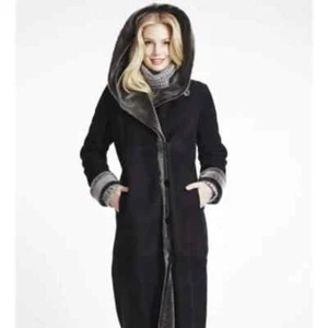 BlueDuck  Black /Brown Shearling Long Hooded Coat Sz XL  16  Made in USA  $2595 - Picture 1 of 12