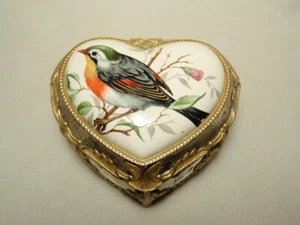 Caja de baratijas de joyería musical de pájaro de porcelana de metal en forma de corazón de colección Japón *tal cual* - Imagen 1 de 8