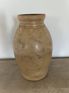 Antique Primitive Salt Glazed Stoneware Crock Canning Jar, Tan, 7-3/4”H