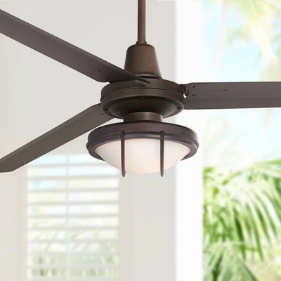 60" Turbina Modern Outdoor Ceiling Fan with LED Light Remote Bronze White Glass - Image 1 of 4
