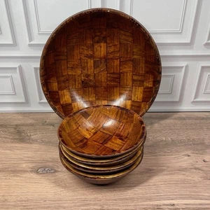 Vintage 70er Holz geflochten Patchwork Bambus Salatschüssel 8er Set Boho Mid Century - Bild 1 von 15