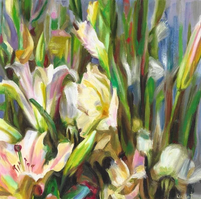 lys en fleurs, tableau original 30 х 30 cm  oeuvre peinture huile - Photo 1/4