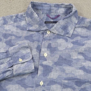 Camisa Masons Lino Grande 100% Lino Azul Camuflada Manga Larga Italiana Abotonada Hombres - Imagen 1 de 12