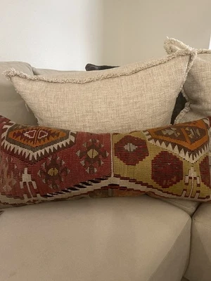 Turkish Tribal Kilim Zippered Wool Down Filled Boho Pillow 27x13 - Image 1 of 4