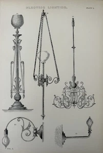 Antique 1870s Electric Lighting Print | Victorian Light Fittings | Engraving - Picture 1 of 21
