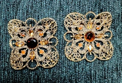 Piedras ámbar filigrana de mediados de siglo tono dorado clips para zapatos hebillas firmadas música Foto 1 de 4