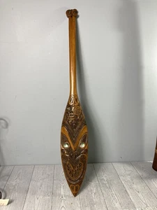 Decorative Hand Carved Wooden Oar with Mother of Pearl Inset Eyes Carved Face - Picture 1 of 5