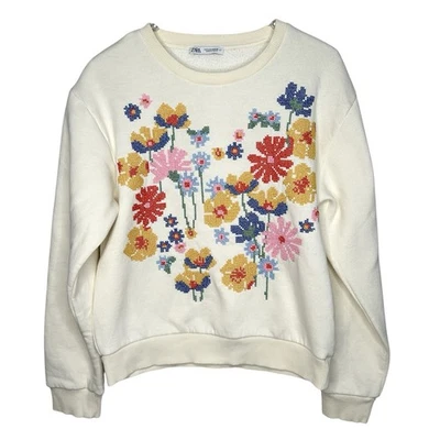 Zara Embroidered Floral Sweatshirt Small Granny Preppy Retro Old Money Heritage - Image 1 of 4