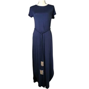 G by Guliana Dark Blue Maxi Dress With Beaded Belt, XXS - Picture 1 of 14