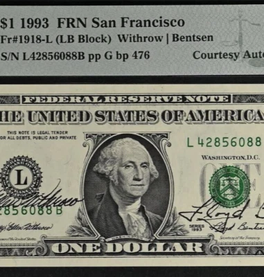 1993 $1 Federal Reserve Note - PMG 63EPQ - Dual Autograph - Withrow / Bentsen - Image 1 of 3