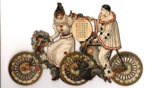 Pierrots clowns riding bikes mechanical CALENDAR FOR 1899, Tuck - Picture 1 of 5