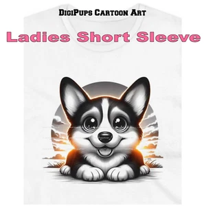 DigiPups Corgi Dog Breed Black White Portrait Sun Cartoon Art Ladies T Shirt - Picture 1 of 4