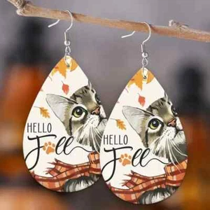 Hello Fall Cat Kitten Autumn Themed Dangle Earrings - Picture 1 of 2