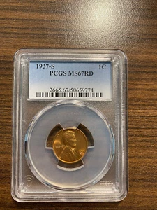 1937-S Lincoln Wheat Penny Cent 1C PCGS MS 67 Red (RD) Type 1 Wheat Reverse RARE - Picture 1 of 4