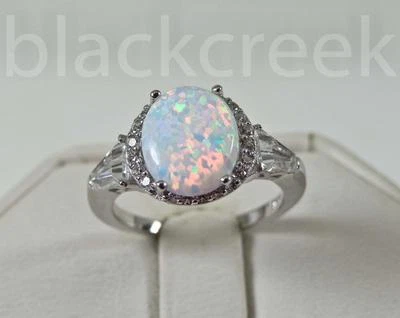 925 Sterling Silver~White Fire Oval Opal/Micro Pave Ring Choose Size - Image 1 of 4