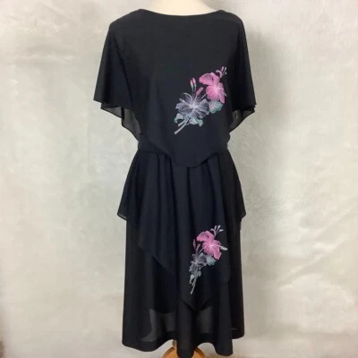 Vintage 70s, 80s Black Floral Layered Tiered Belted Dress NWT Petite M/L - Image 1 of 4