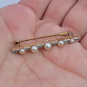 Edwardian 14K Massivgold 12 alte Mine Diamanten & 5 Perlen 1,5"" Bar Pin Brosche - Bild 1 von 8