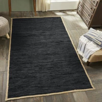 Rug 100% Natural Jute Home Decor Modern Area Rug Reversible Black Braided Carpet - Image 1 of 4