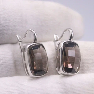 Real S925 Sterling Silver Earrings Drop Women Smoky Quartz Earrings Leverback - Picture 1 of 4