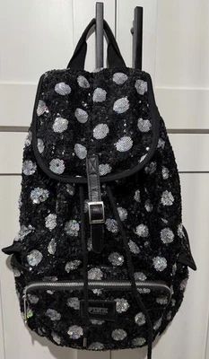 Victoria's Secret PINK Backpack Black & Silver Sequin Polka Dots - Image 1 of 4
