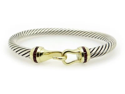 David Yurman Silver 14k Yellow Gold .50ct Ruby Classic Cable Bangle Bracelet - Image 1 of 4