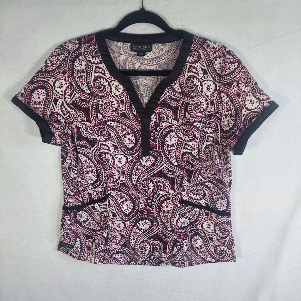 Rampage Medical Apparel Women’s Scrub Top Size M Pink Black Paisley Medium - Image 1 of 4