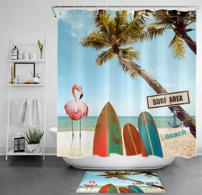 Summer Ocean Beach Surfboard Pink Flamingo Shower Curtain Set for Bathroom Decor - Image 1 of 4