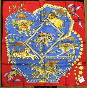 MINT w/Tag Defects Salvatore Ferragamo Silk Scarf Elephant Tiger Red 86cm Unused - Picture 1 of 16