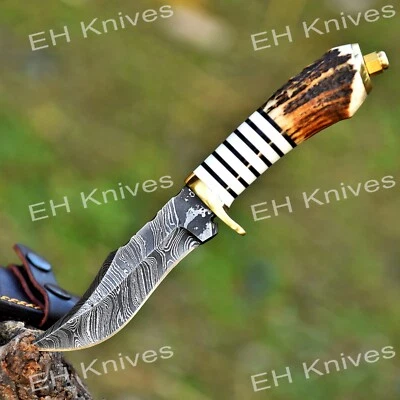 EH KNIVES 8’’ Handmade Damascus Steel Hunting Sharp Stag/Antler Skinner Knife with Sheath
