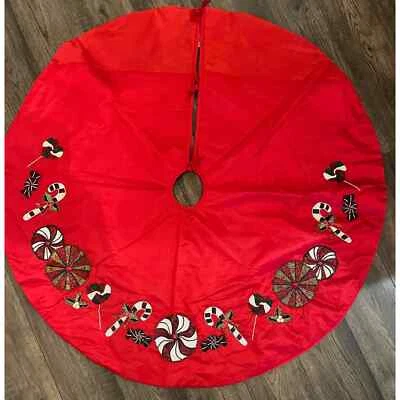 Vickerman Red Christmas Tree Skirt with Candy Cane, Lollipops, Beaded Decoration - Image 1 of 4