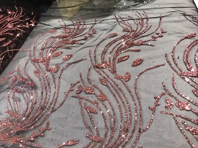 Black mesh W/rose Pink glitter lace fabric 50" width sold by the yard - Image 1 of 4