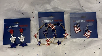 Patriotic Earrings Lot of 3 Piece Hoop e and Dangle Enamel Red White Blue - Image 1 of 4