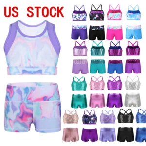 Kids Girls Dancewear Outfits Jazz Dance Gymnastics Shiny Sequins Tank Shorts - Picture 1 of 74