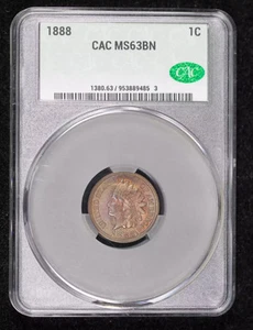 1888 Small Cents Indian Head CACG MS 63 BN CAC - Picture 1 of 4