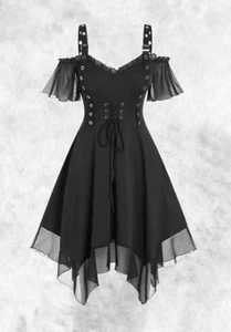 Neu schwarz Gothic Korsett Taille Nieten Chiffon Taschensaum Kleid Gr 4XL 24 26 28 - Bild 1 von 4