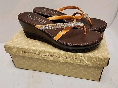 Zapatero Italiano Marrón Oscuro Imitación Cuero Sin Cordones Cuña Tanga Sandalias Talla 7  Foto 1 de 4