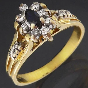 1980's Era Solid 18k Yellow GOLD SAPPHIRE & DIAMOND RAISED CLUSTER RING Sz M - Picture 1 of 5
