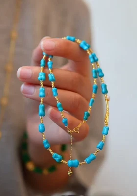 Natrual Turquoise Blue glaze Necklace Beads 5.5mm 18K Gold with extender chain - Image 1 of 4