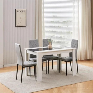 Modern White Dining Table Set 4 Seater w/ Grey Chairs for Small Space - Picture 1 of 12