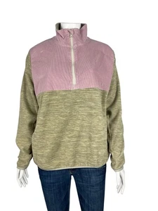 Simply Southern Medium Pink Corduroy and Khaki Fleece 1/4 Zip Pullover Top - Picture 1 of 10