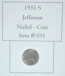 1951 S, Jefferson Nickel, #051, nickels, vintage money, vintage coins, rare coin - Picture 1 of 4