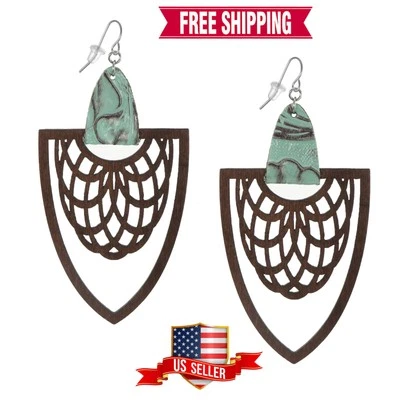 Pendiente grande marrón corte láser encaje madera y verde llamativo, cables de oreja de oro de 18 quilates Foto 1 de 4