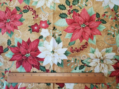 Michele D'Amore Holiday Christmas Poinsettia Cotton Fabric Benartex 1yd - Image 1 of 2