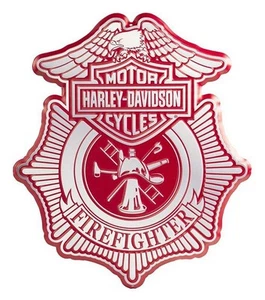 Harley-Davidson Embossed Firefighter Shield Metal Sign, Custom Shaped Red & Gray - Picture 1 of 2