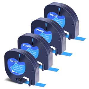 4PK Black on Blue Plastic Label Tape Refills 1/2in for DYMO LetraTag QX50 91335 - Picture 1 of 7