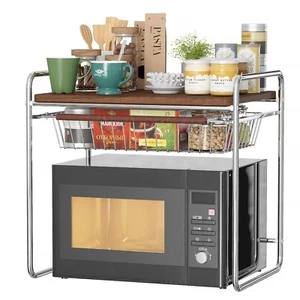 2-Tier Microwave Stand Utensils Microwave Oven Rack w/ Pull Out Drawer Household - Picture 1 of 9