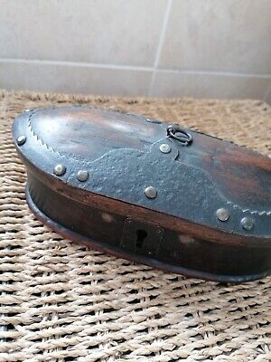 Antique Rare Small Oval Wooden Chest Box Metal Forging Oval Solid Piece • 10£
